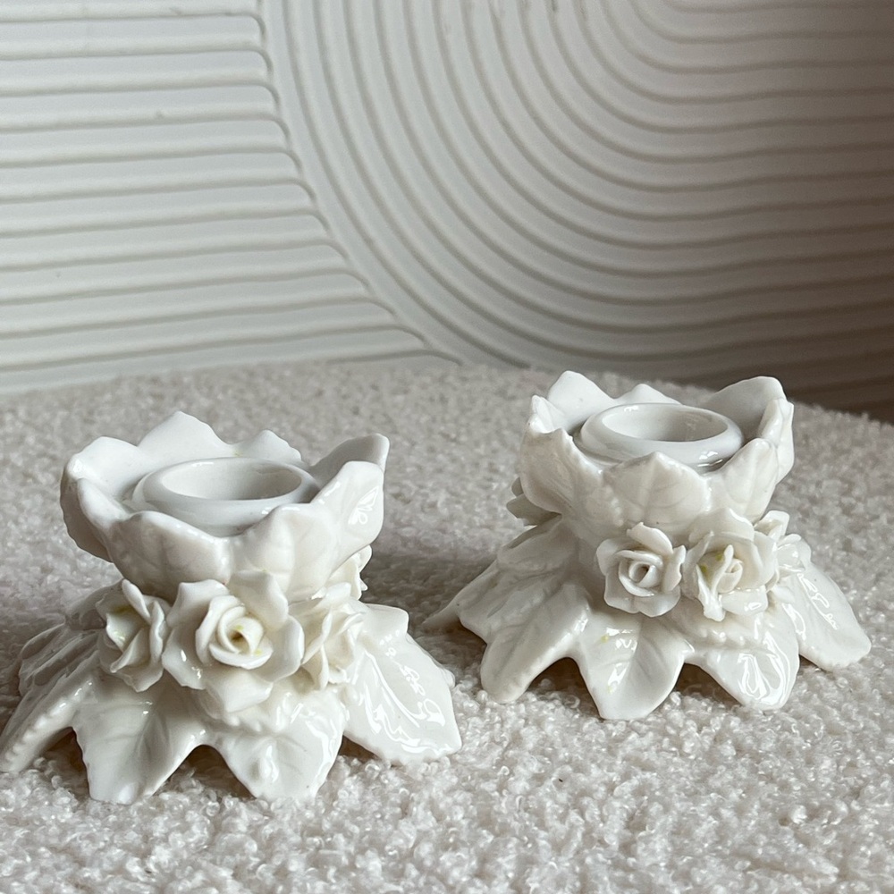 Elegant Vintage Milk Glass White Floral Candle Holders ✨